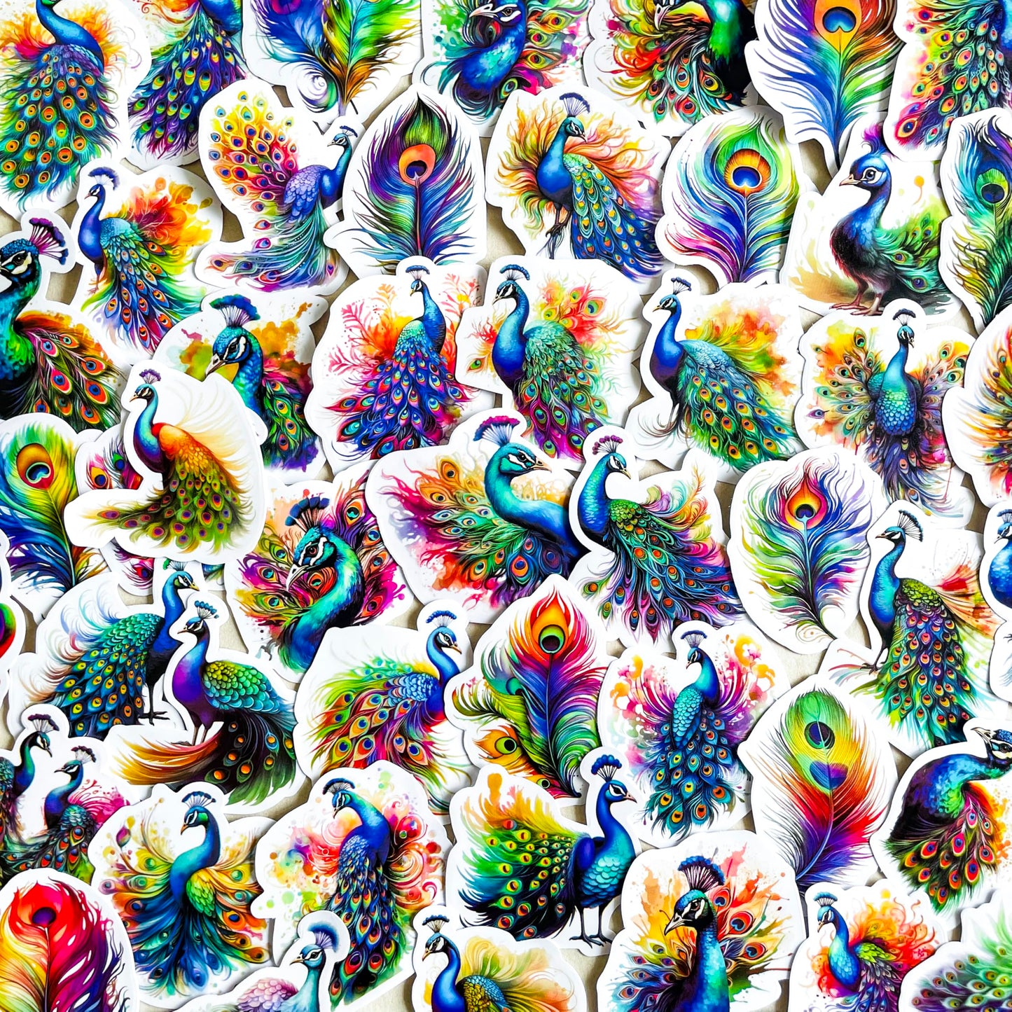 50 Colorful Peacock Stickers for Laptops and Water Bottles