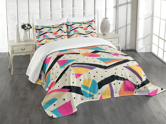 Indie Bedspread, Eighties Memphis Fashion Style Geometric Abstract Colorful Design Dots Funky, Decorative Quilted 3 Piece Coverlet Set with 2 Pillow Shams, Queen Size, Cream Pink