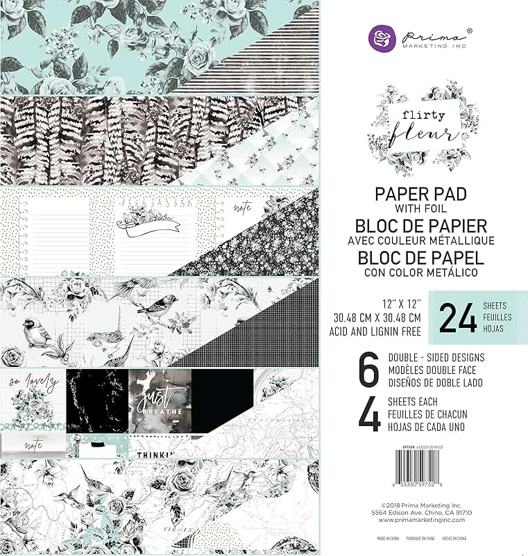 Black and teal floral paper pad, 12x12 inches