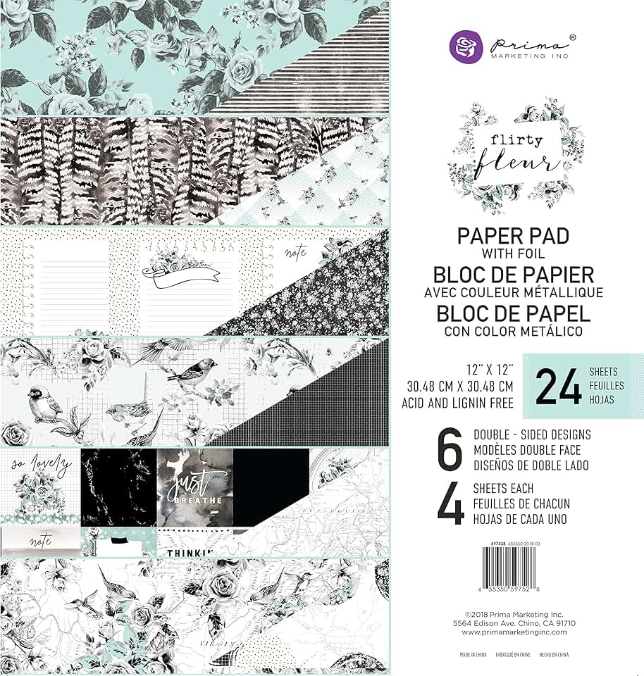 Black and teal floral paper pad, 12x12 inches