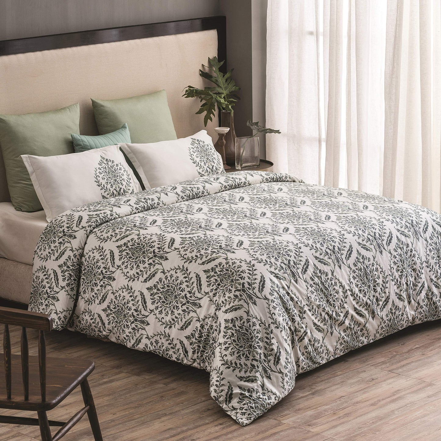 A1PDUV008-Queen Reversible Duvet Cover  Trellis Damask Cotton, Wrinkle Free 3 Piece Duvet Bedding Set with Pillow Shams and Button Closure, Green, 88 x 92  Queen