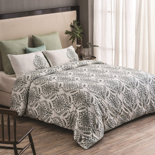 A1PDUV008-Queen Reversible Duvet Cover  Trellis Damask Cotton, Wrinkle Free 3 Piece Duvet Bedding Set with Pillow Shams and Button Closure, Green, 88 x 92  Queen