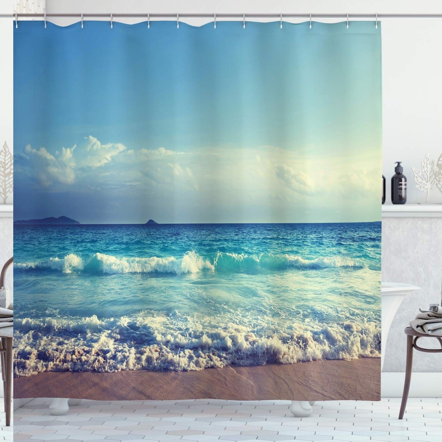 Tropical Island Shower Curtain Ocean Waves 69x70