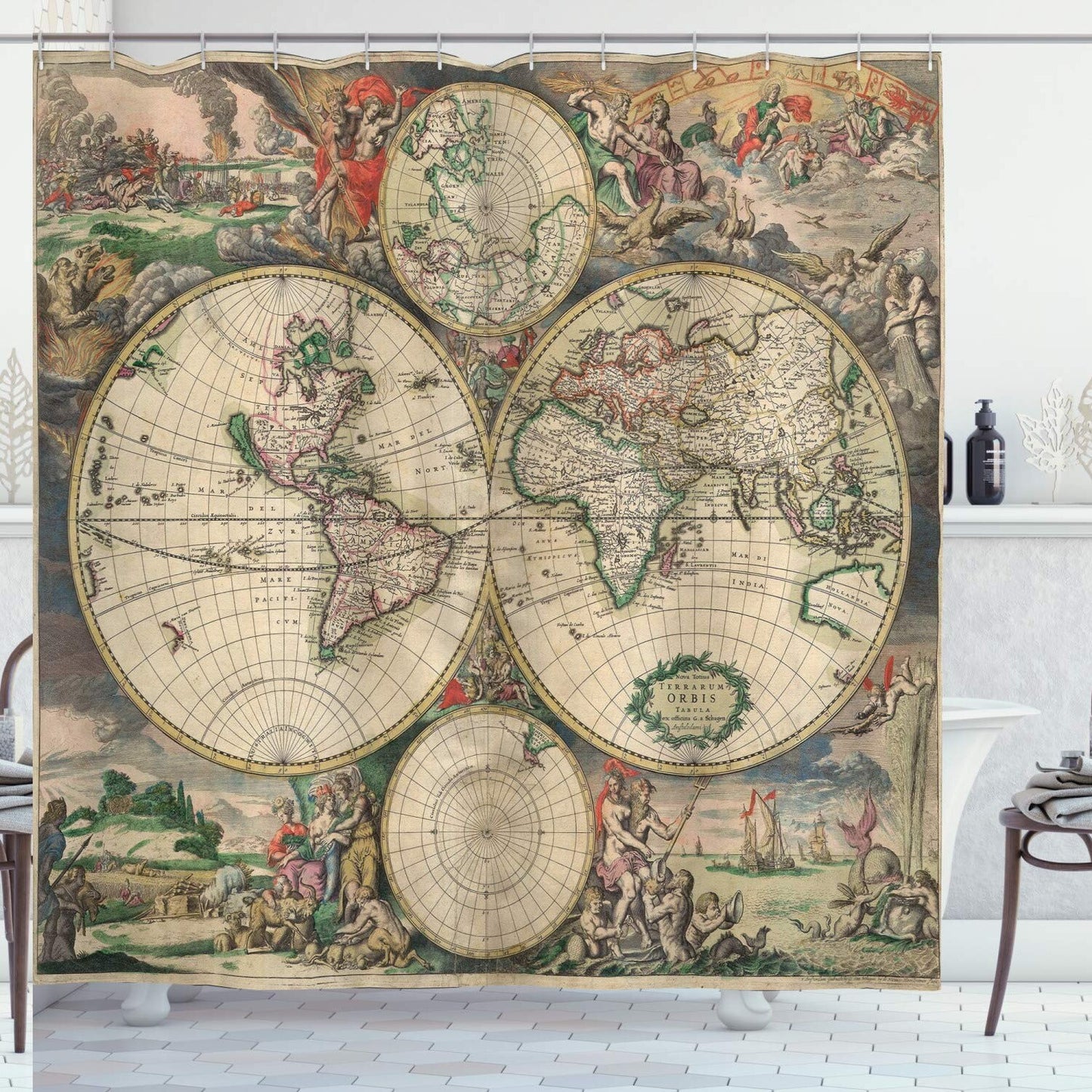 World Map Shower Curtain 69x75 Eggshell Green