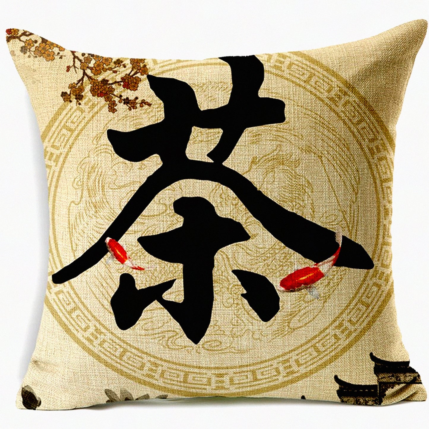 Koi Tea Culture Linen Pillow Cover - Chinese Style Decorative Cushion Case for Home & Office, 18x18 Inch Cotton Throw