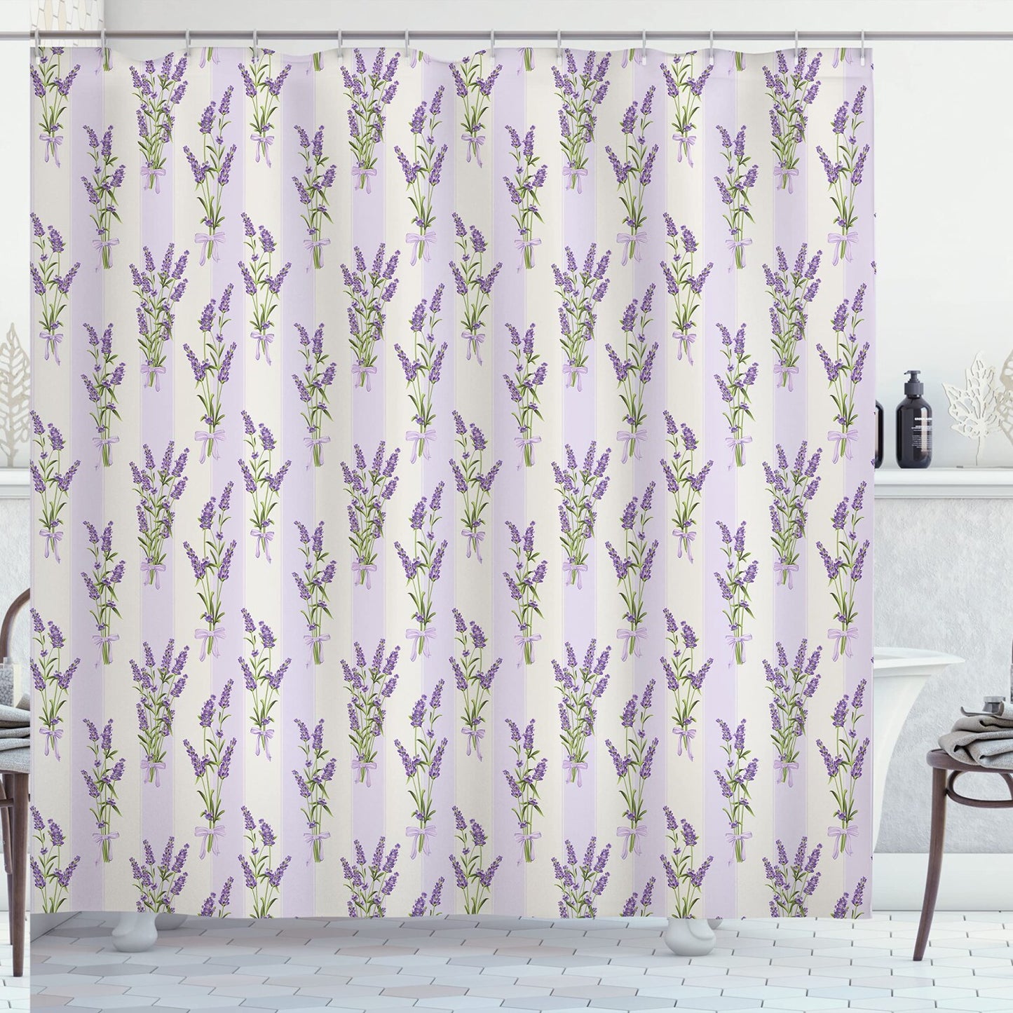 Lavender Shower Curtain with Stripes and Flowers, 69" x 75"