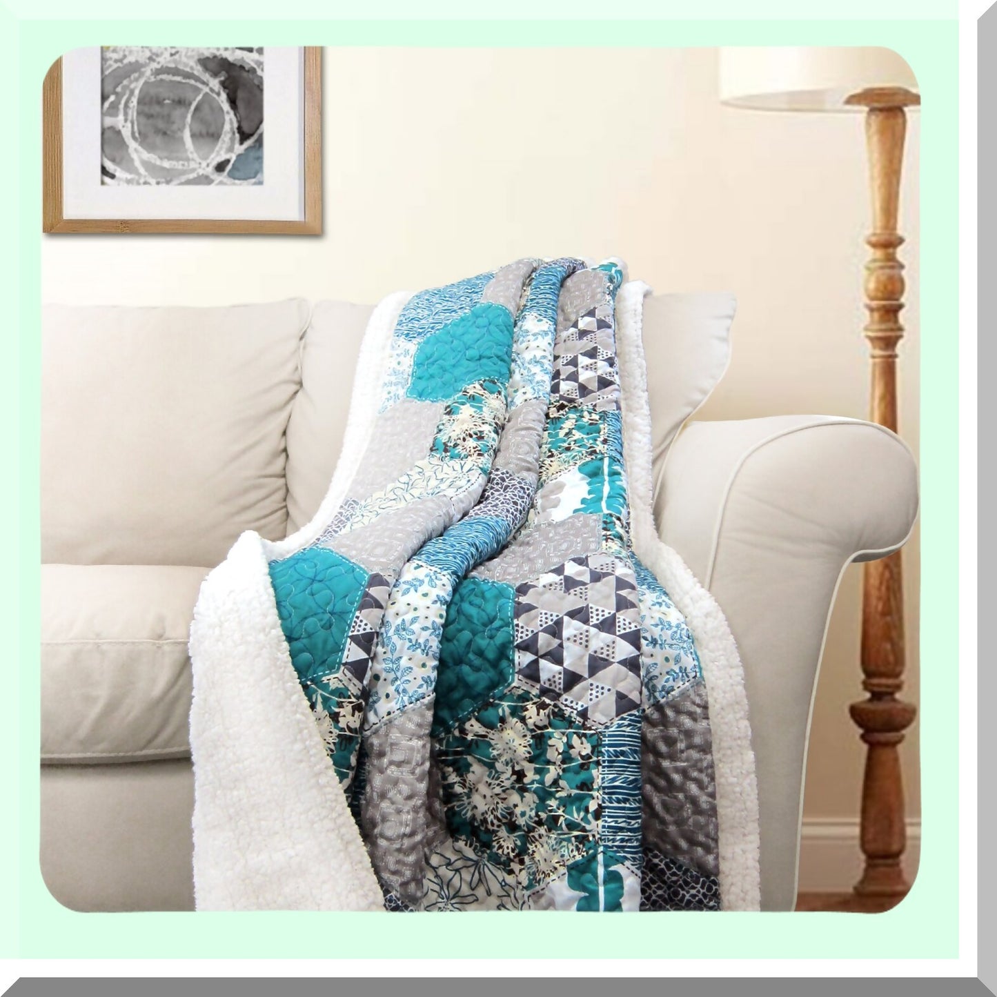 HexaHaven Reversible Throw - Colorful Patchwork Blanket, Turquoise, 60 x 50"