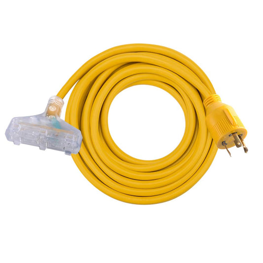 Lighted 10 Gauge Generator Extension Cord with L5-30P Plug and 3 Outlets