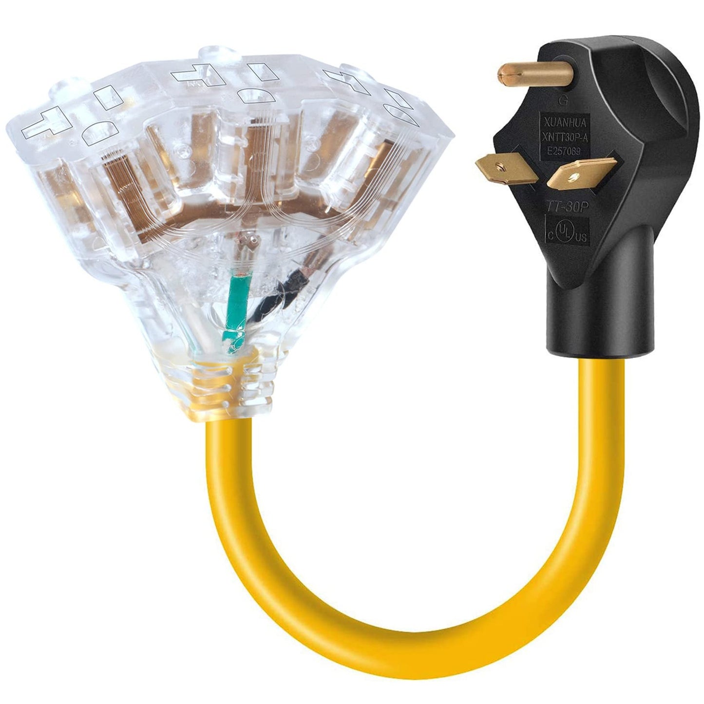 30 Amp to 15 Amp RV Adapter with Lighted End and 3-Way Splitter, 2ft