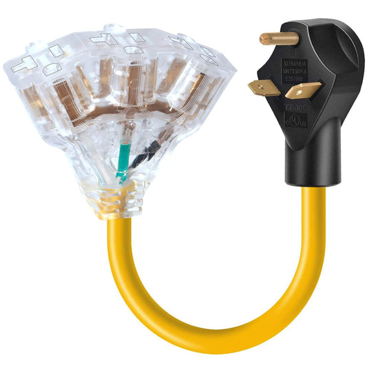 30 Amp to 15 Amp RV Adapter with Lighted End and 3-Way Splitter, 2ft