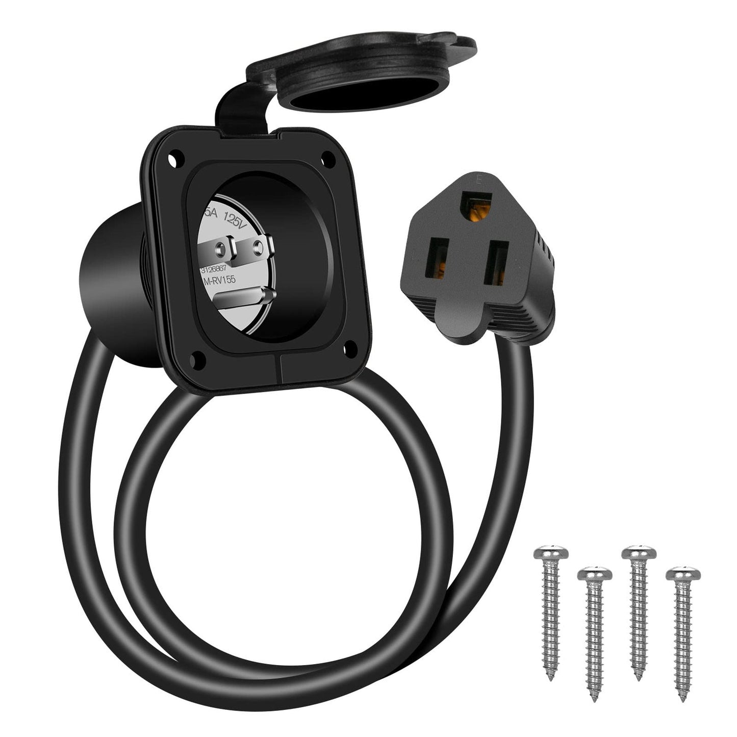 Waterproof 15 Amp AC Port Plug with 18" Extension Cord for RV and Boat