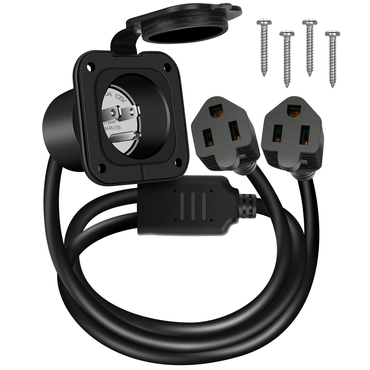 Waterproof 15 Amp AC Port Plug with Dual 18" Extension Cord for RVs and Boats