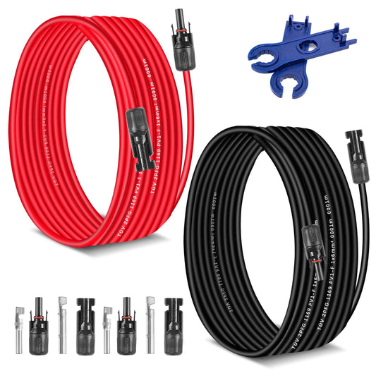 Solar Panel Extension Cable 20ft 10AWG Red Black PV Wire Connector Adapter