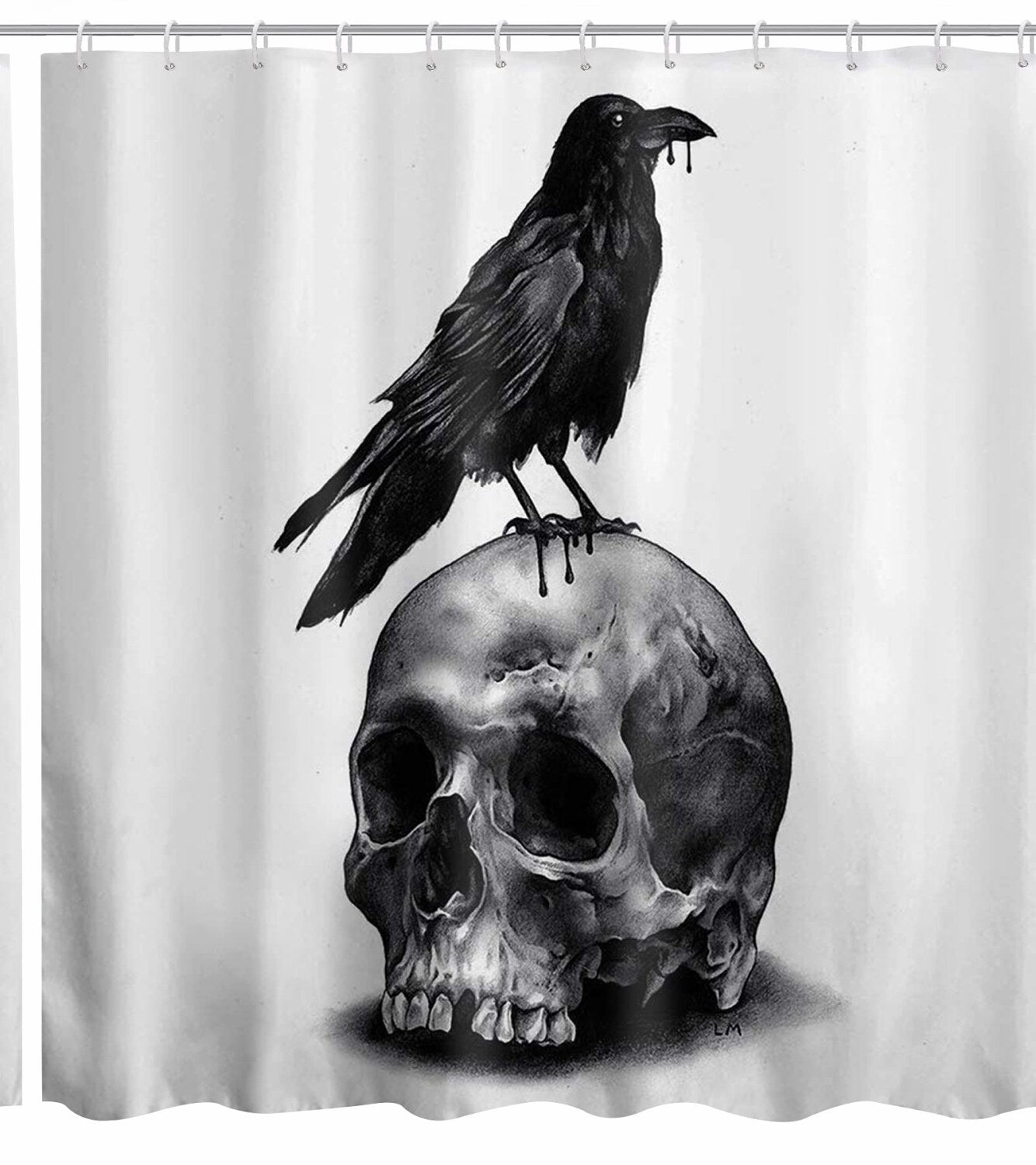 Skull Raven Skeleton Shower Curtain Black White