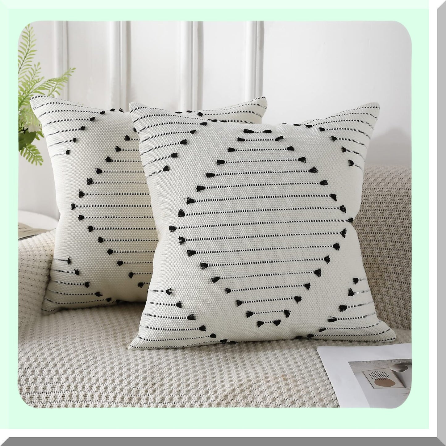 Boho Chic Tufted Pillowcase Set - 18x18 Inch Decorative Square Cushion Covers for Indoor Outdoor Living Room, Sofa, Car - Farmhouse Style Black & White