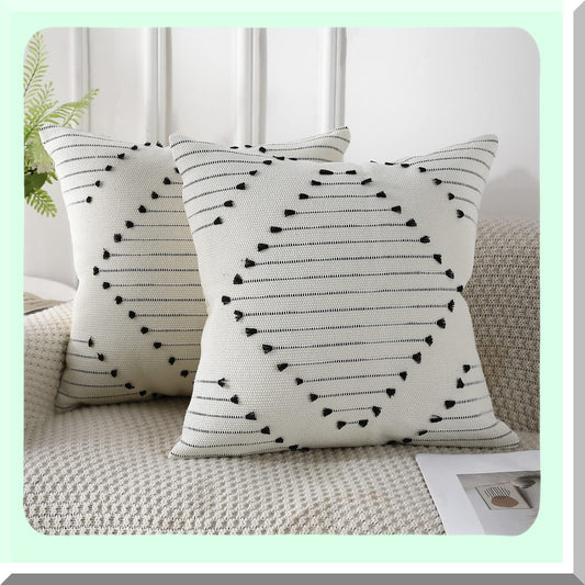 Boho Chic Tufted Pillowcase Set - 18x18 Inch Decorative Square Cushion Covers for Indoor Outdoor Living Room, Sofa, Car - Farmhouse Style Black & White