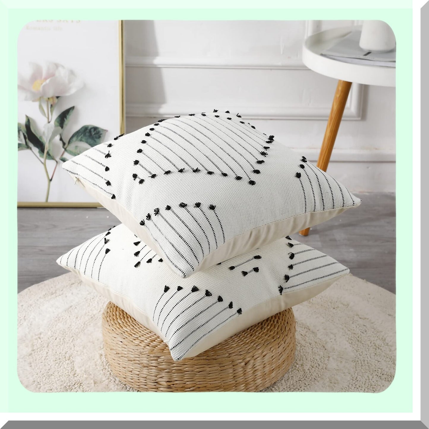 Boho Chic Tufted Pillowcase Set - 18x18 Inch Decorative Square Cushion Covers for Indoor Outdoor Living Room, Sofa, Car - Farmhouse Style Black & White