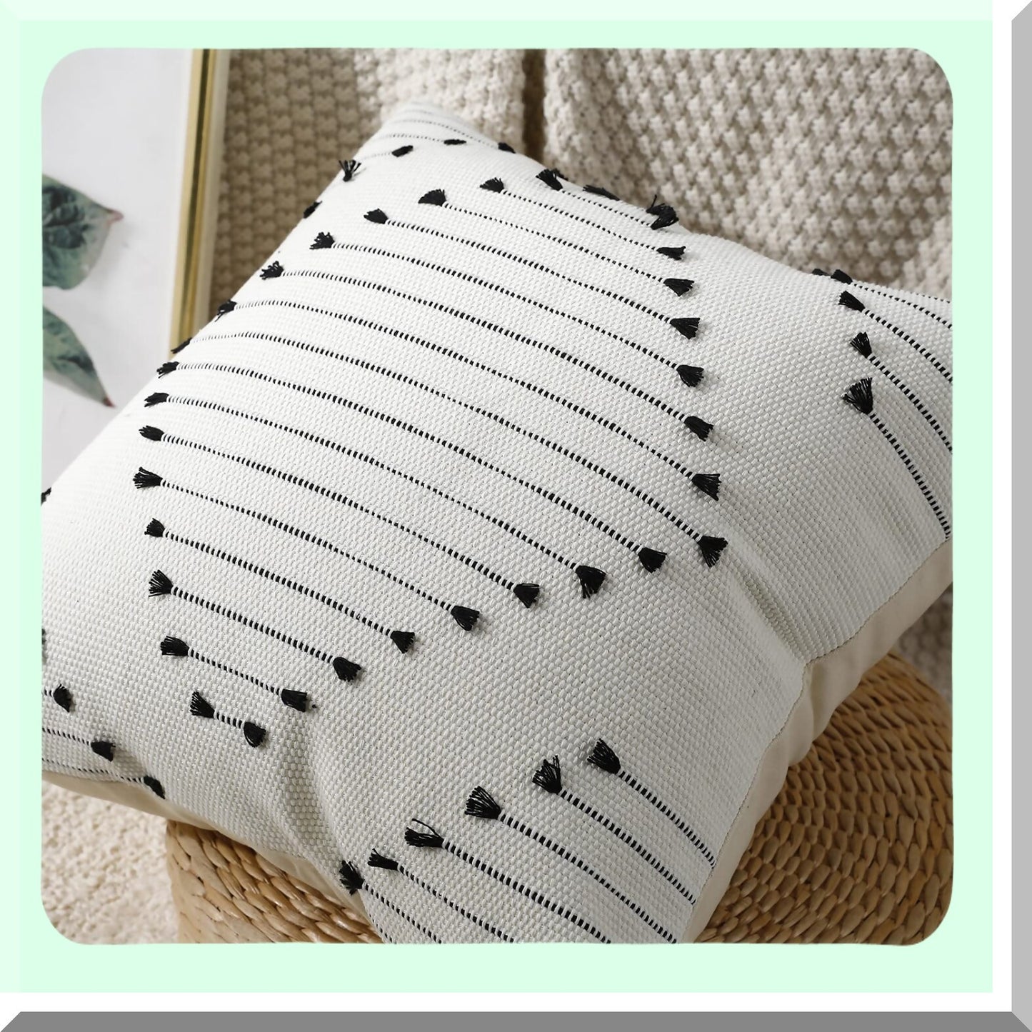 Boho Chic Tufted Pillowcase Set - 18x18 Inch Decorative Square Cushion Covers for Indoor Outdoor Living Room, Sofa, Car - Farmhouse Style Black & White