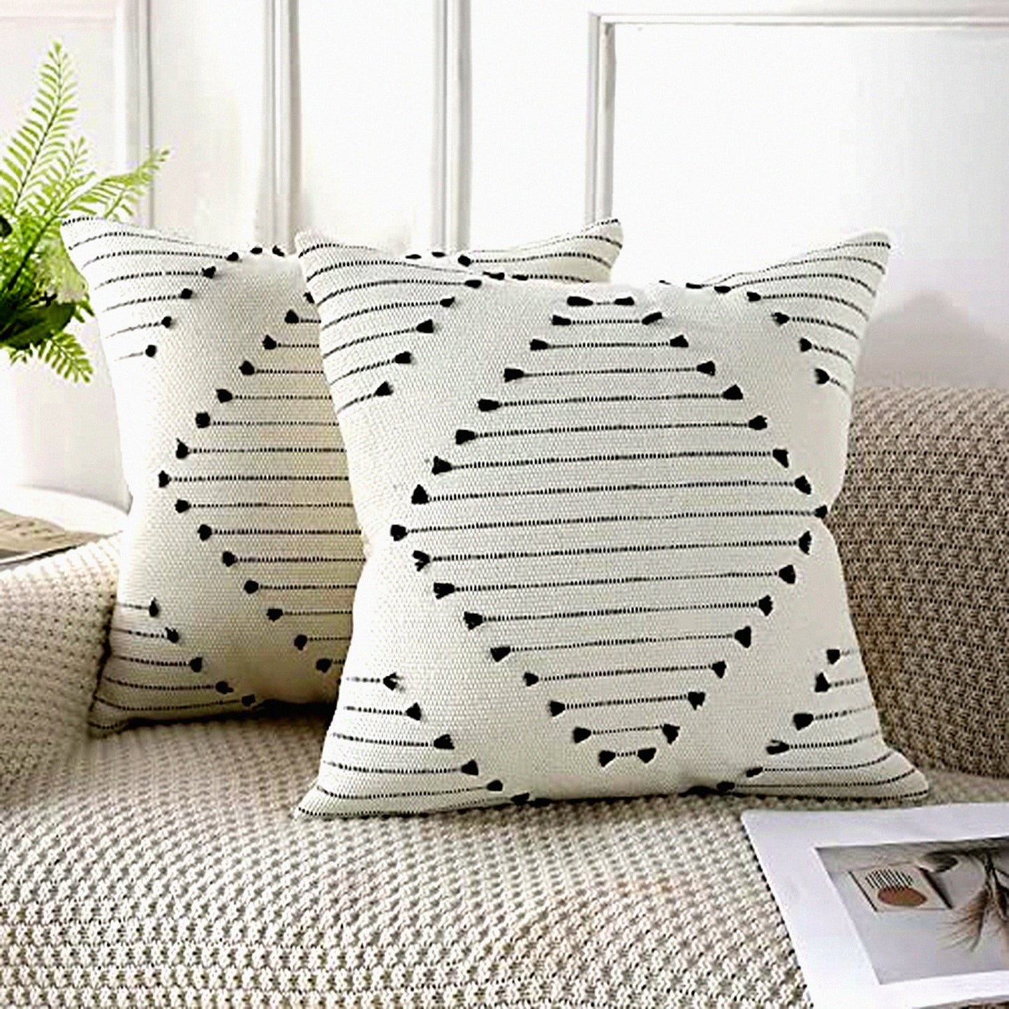 Boho Chic Tufted Pillowcase Set - 18x18 Inch Decorative Square Cushion Covers for Indoor Outdoor Living Room, Sofa, Car - Farmhouse Style Black & White