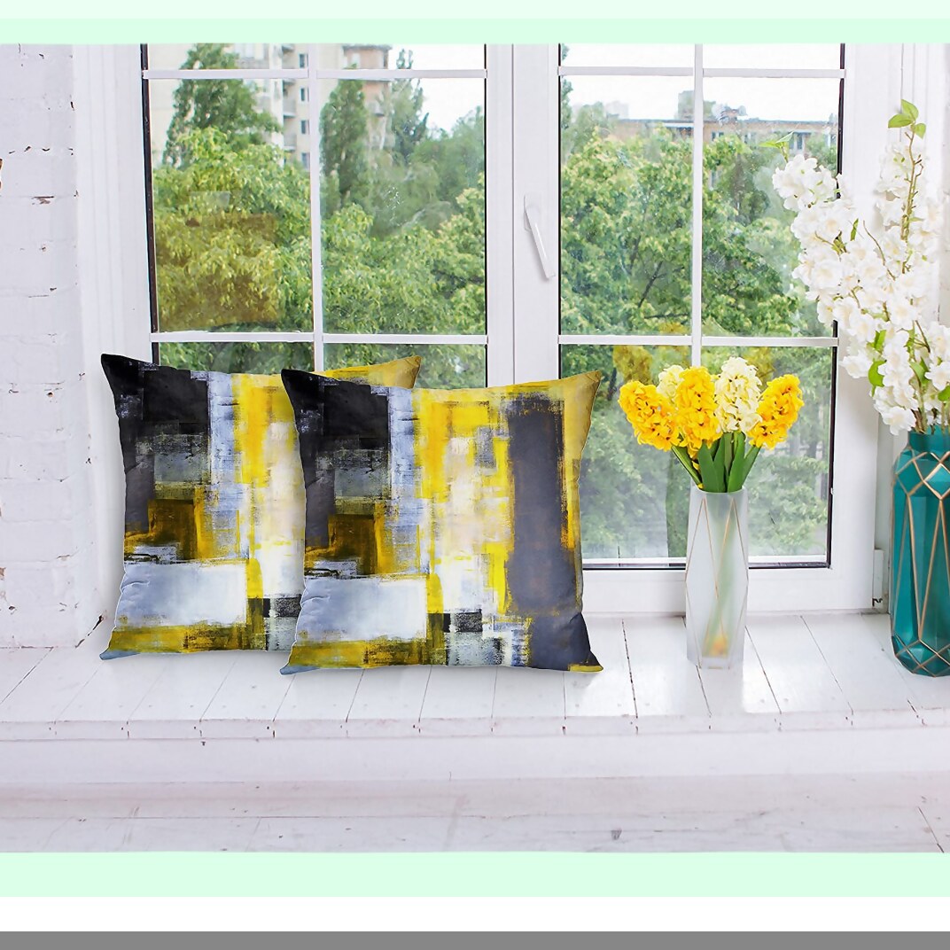 Abstract Fusion Pillow Covers - Set of 2 | Yellow White Black Decorative Cases | Modern Home Decor | Standard Square 18x18 Inches Pillowcases