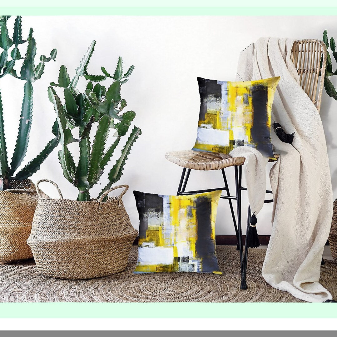 Abstract Fusion Pillow Covers - Set of 2 | Yellow White Black Decorative Cases | Modern Home Decor | Standard Square 18x18 Inches Pillowcases