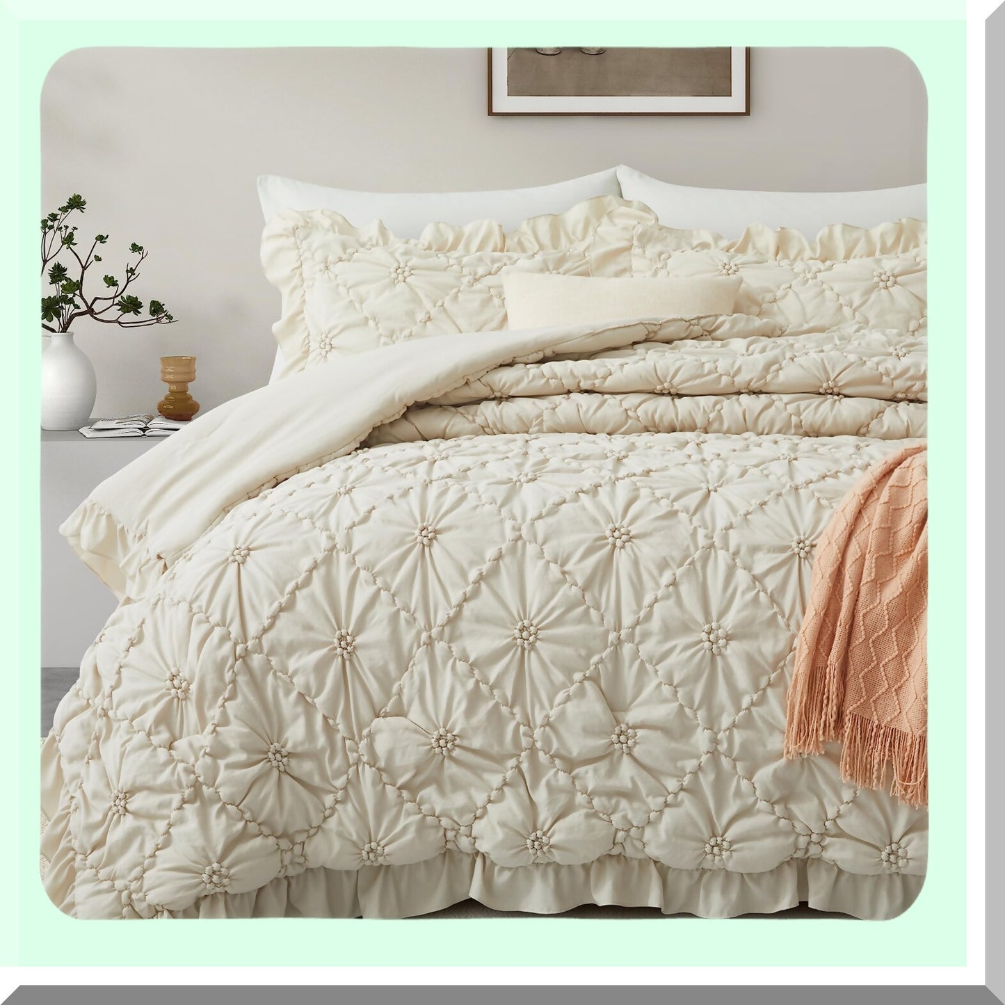 Boho Bliss Twin Comforter Set - Pinch Pleat Exquisite Bedding with Ruffled Shams - All Season Down-Alternative Bed in a Bag - Beige 68"88"