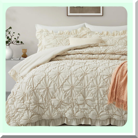 Boho Bliss Twin Comforter Set - Pinch Pleat Exquisite Bedding with Ruffled Shams - All Season Down-Alternative Bed in a Bag - Beige 68"88"
