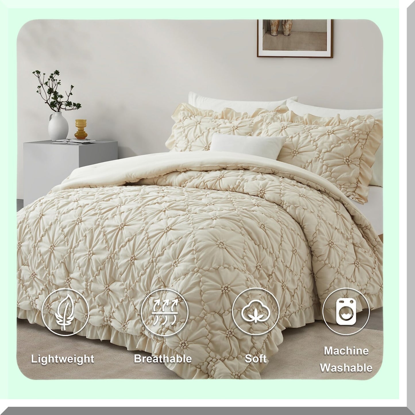Boho Bliss Twin Comforter Set - Pinch Pleat Exquisite Bedding with Ruffled Shams - All Season Down-Alternative Bed in a Bag - Beige 68"88"