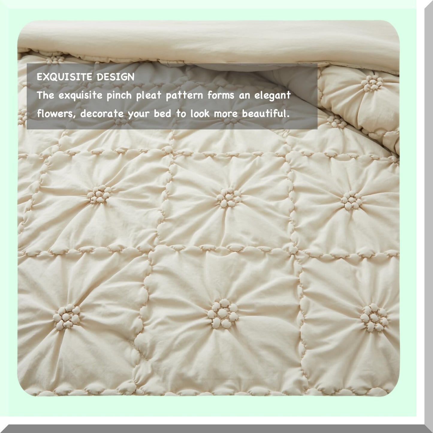 Boho Bliss Twin Comforter Set - Pinch Pleat Exquisite Bedding with Ruffled Shams - All Season Down-Alternative Bed in a Bag - Beige 68"88"