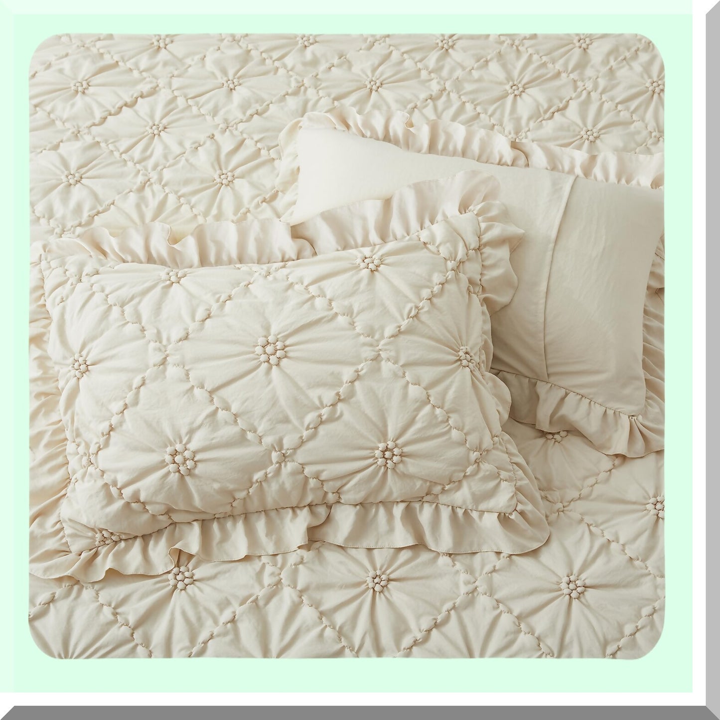 Boho Bliss Twin Comforter Set - Pinch Pleat Exquisite Bedding with Ruffled Shams - All Season Down-Alternative Bed in a Bag - Beige 68"88"