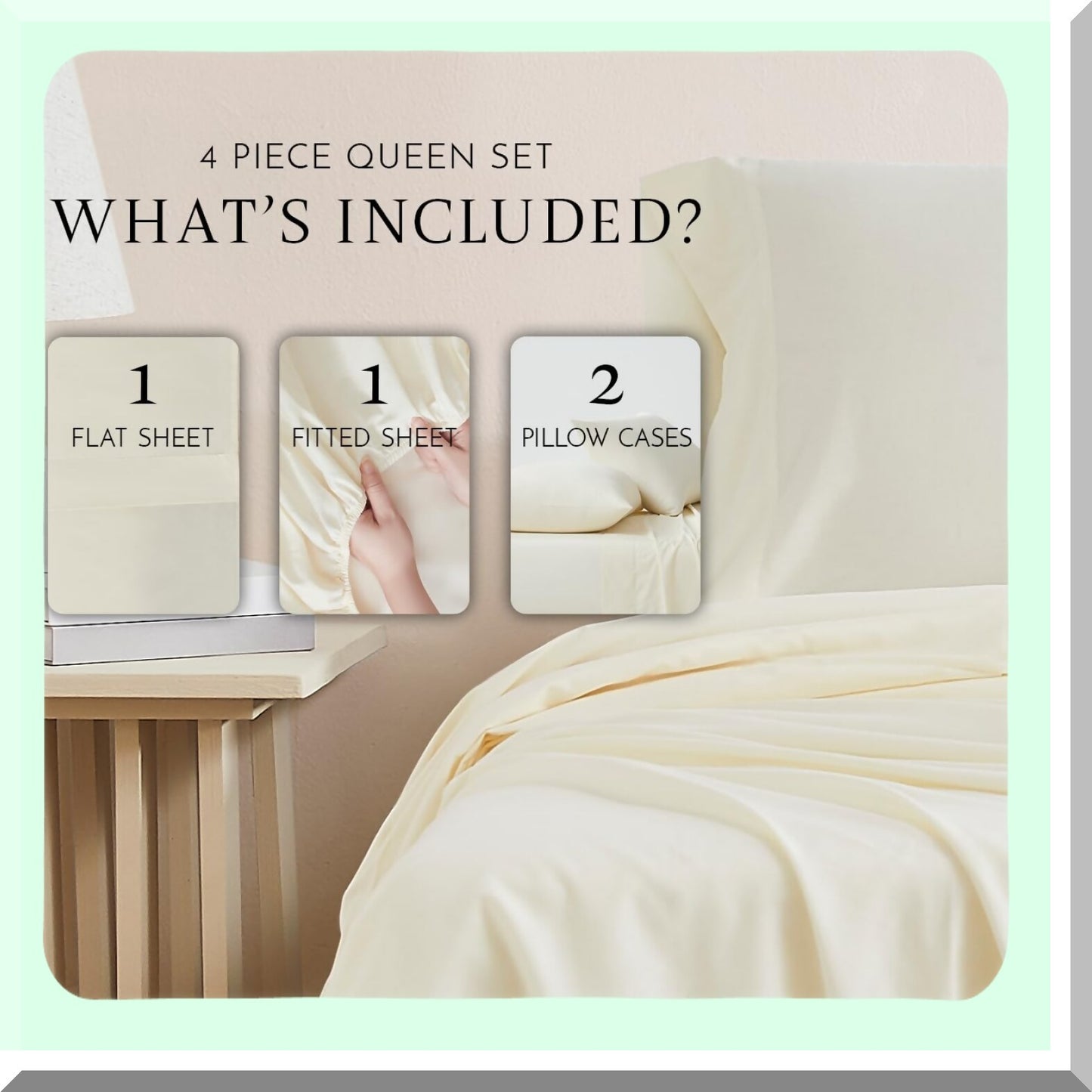 Luxury Ivory Cotton Queen Sheet Set - 144 Thread Count 4-Piece Bedding Set