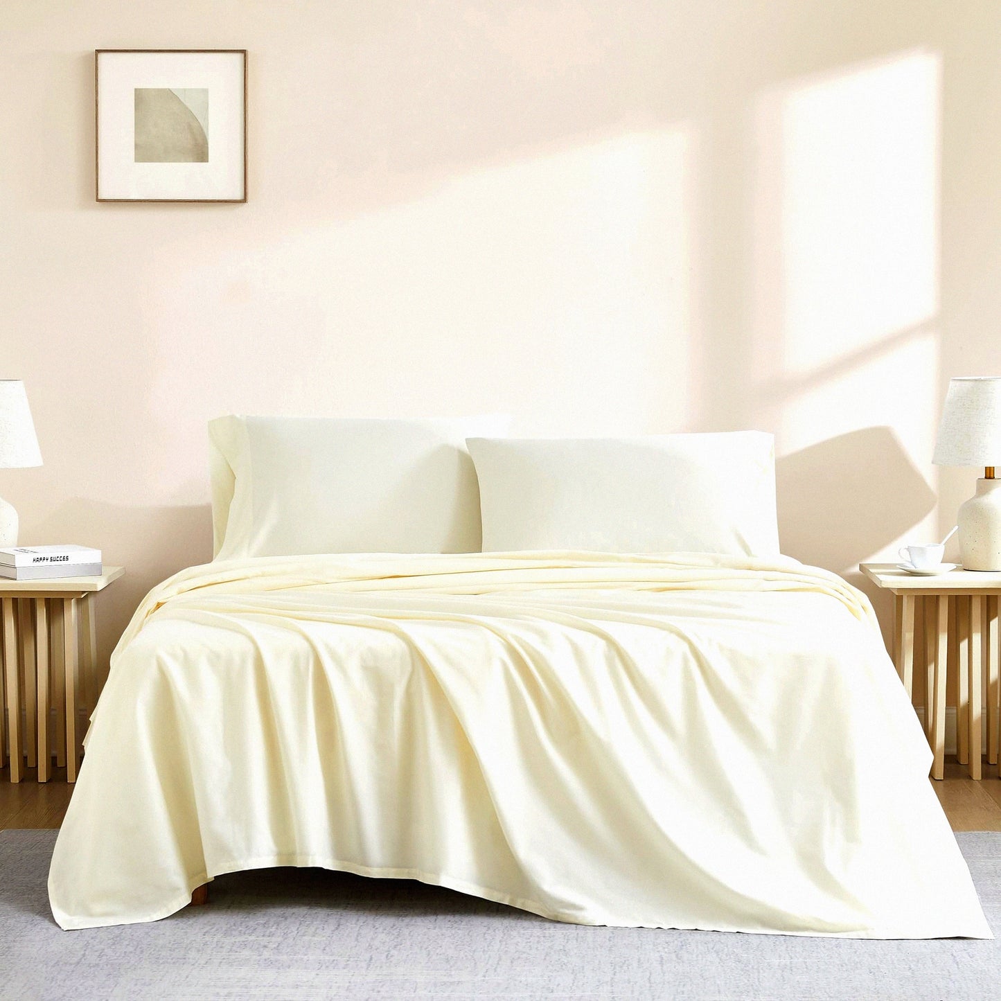 Luxury Ivory Cotton Queen Sheet Set - 144 Thread Count 4-Piece Bedding Set