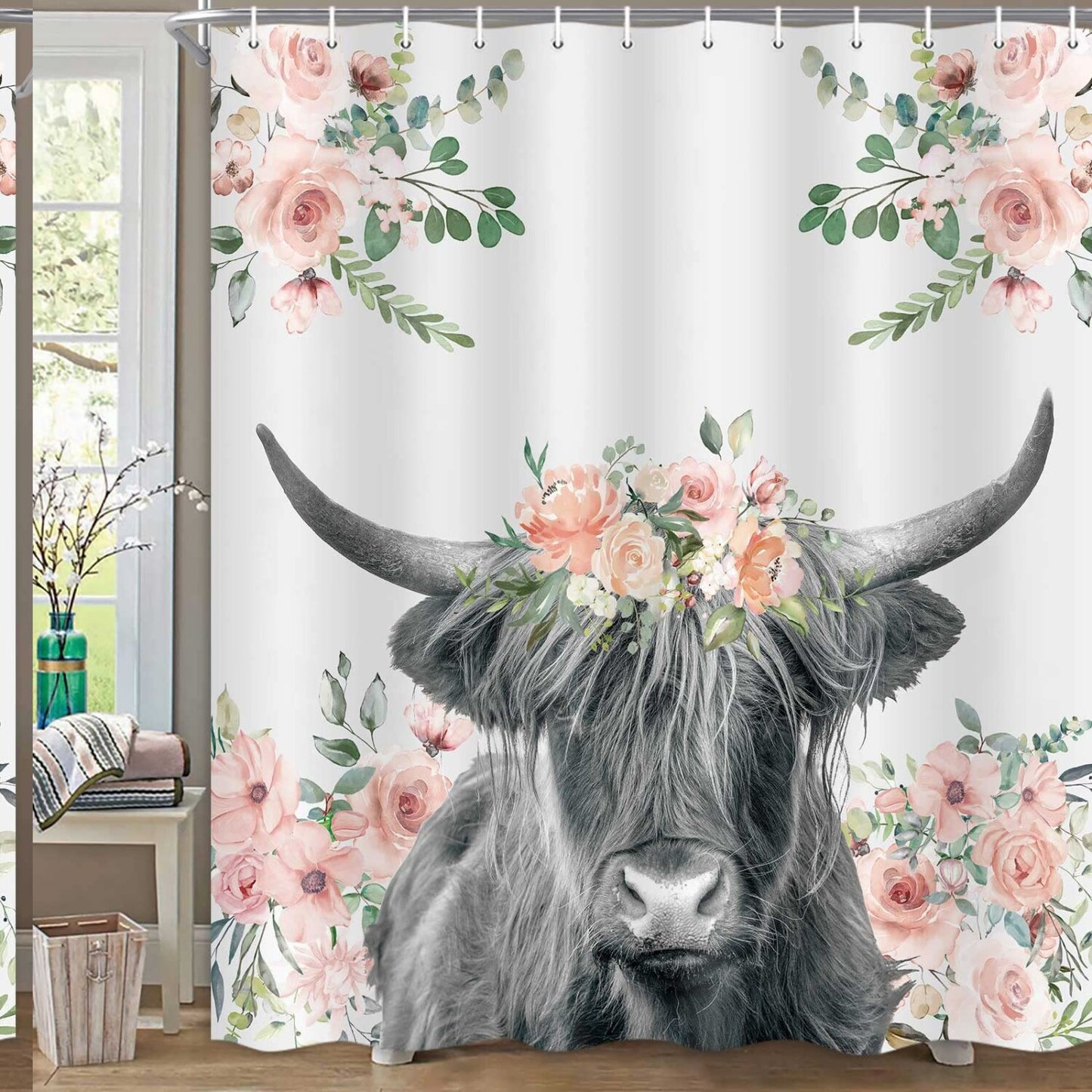 Farmhouse Highland Cow Floral Shower Curtain 70x70 Inches