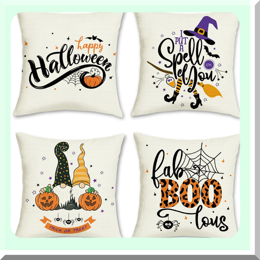 Halloween Spirit Pillow Covers - Set of 4 Decorative Throw Pillow Covers 18x18 Inch with Pumpkin, Gnome, Ghost, and Boo Designs for Sofa and Bed Decor