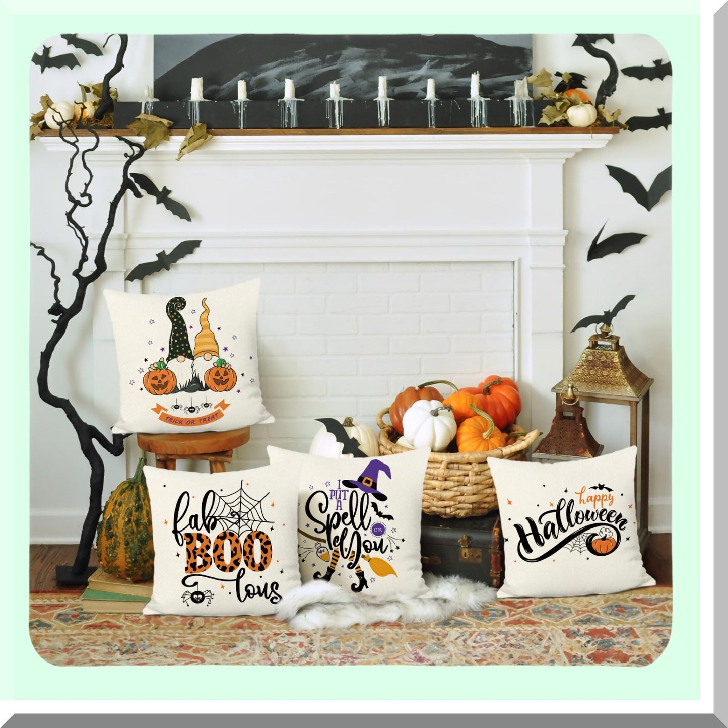 Halloween Spirit Pillow Covers - Set of 4 Decorative Throw Pillow Covers 18x18 Inch with Pumpkin, Gnome, Ghost, and Boo Designs for Sofa and Bed Decor