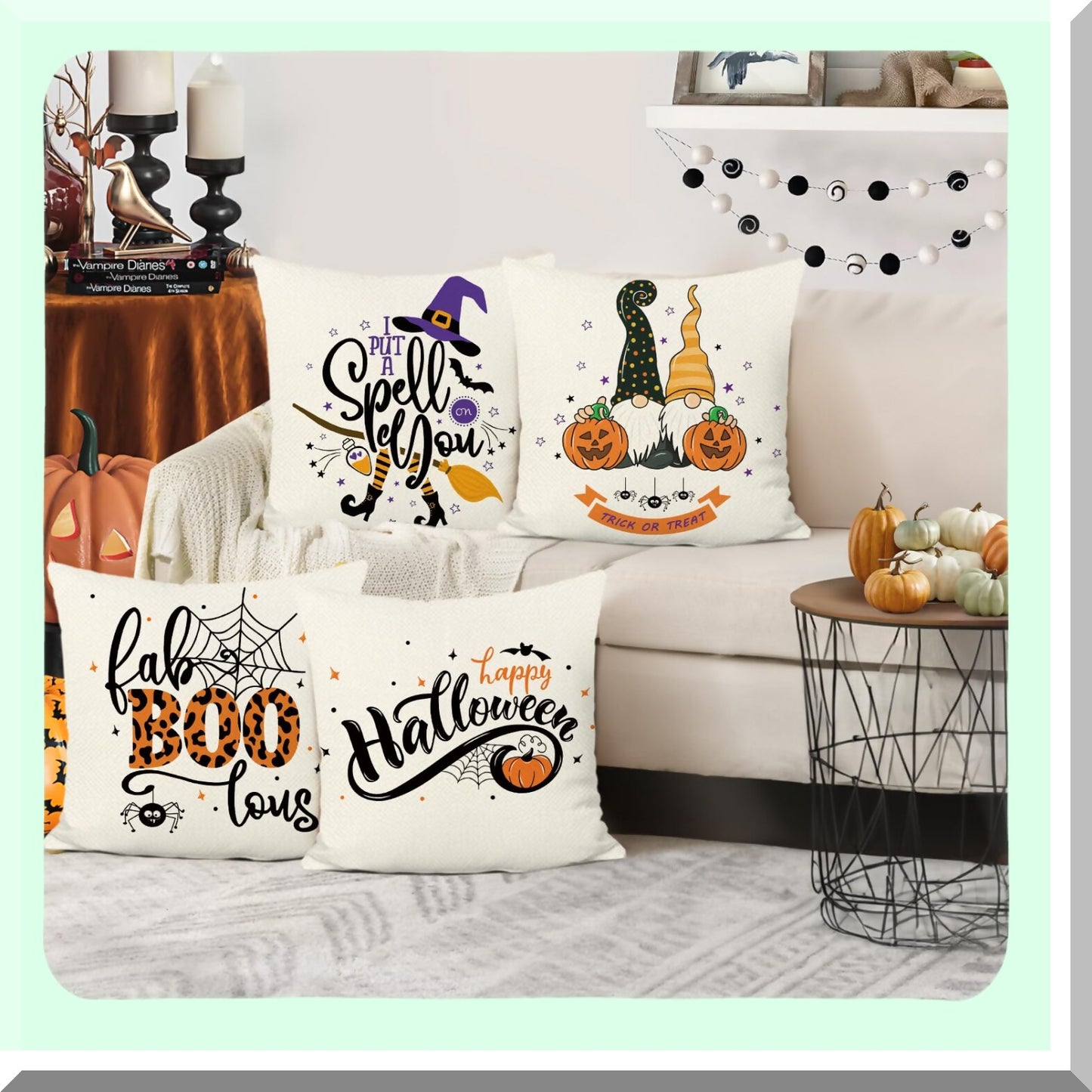 Halloween Spirit Pillow Covers - Set of 4 Decorative Throw Pillow Covers 18x18 Inch with Pumpkin, Gnome, Ghost, and Boo Designs for Sofa and Bed Decor