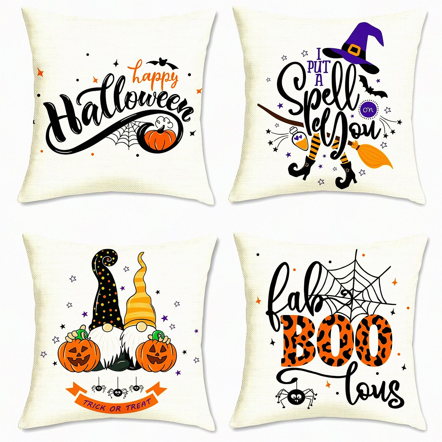 Halloween Spirit Pillow Covers - Set of 4 Decorative Throw Pillow Covers 18x18 Inch with Pumpkin, Gnome, Ghost, and Boo Designs for Sofa and Bed Decor