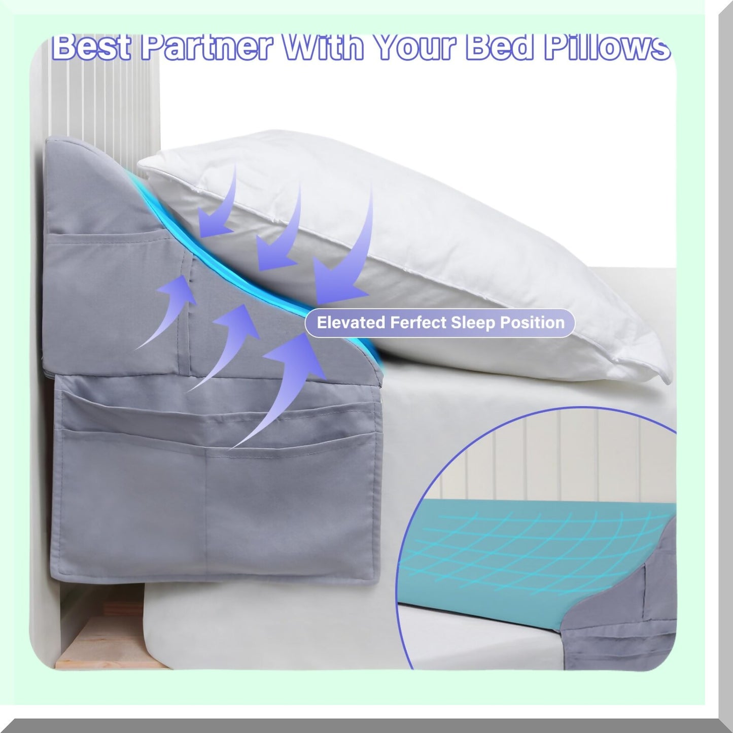 Big Pocket GapGuard Queen Size Bed Wedge Pillow - Headboard Mattress Filler - Triangle Bolster Pillow - Close The Gap 0-6" - Grey