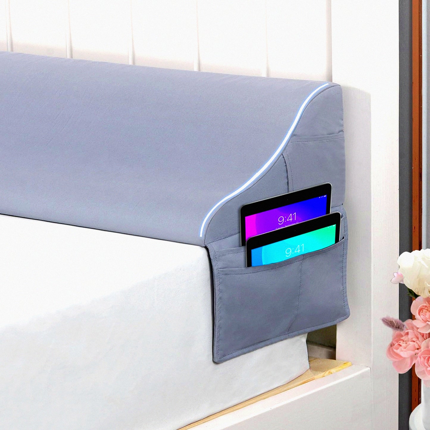 Big Pocket GapGuard Queen Size Bed Wedge Pillow - Headboard Mattress Filler - Triangle Bolster Pillow - Close The Gap 0-6" - Grey