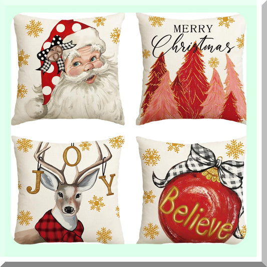 Holiday Cheer Reindeer Throw Pillow Set - Festive Christmas Cushion Covers for Sofa Couch - 18x18 Inch Red Decorative Cases (Pack of 4)