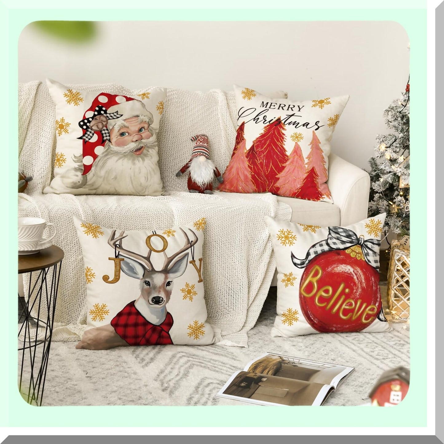 Holiday Cheer Reindeer Throw Pillow Set - Festive Christmas Cushion Covers for Sofa Couch - 18x18 Inch Red Decorative Cases (Pack of 4)