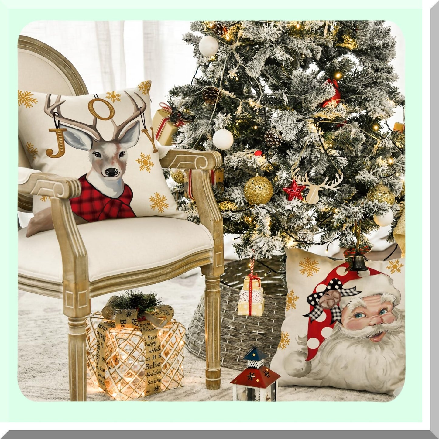 Holiday Cheer Reindeer Throw Pillow Set - Festive Christmas Cushion Covers for Sofa Couch - 18x18 Inch Red Decorative Cases (Pack of 4)