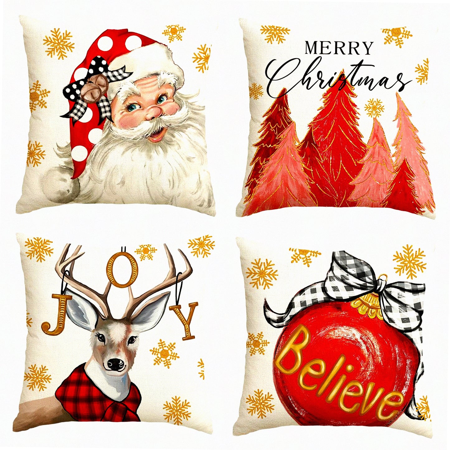 Holiday Cheer Reindeer Throw Pillow Set - Festive Christmas Cushion Covers for Sofa Couch - 18x18 Inch Red Decorative Cases (Pack of 4)