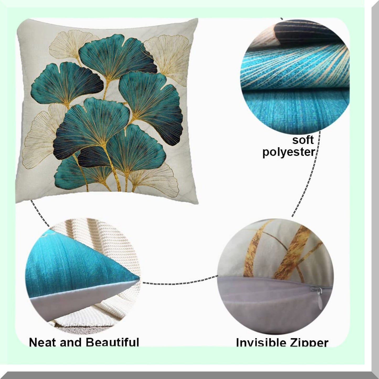Green Leafy Oasis Pillow Covers - Set of 2 | 18x18 Inch Teal Cushion Cases | Turquoise Ginkgo Leaf Design for Sofa, Bedroom, Living Room Decor | Botanical Home Accent