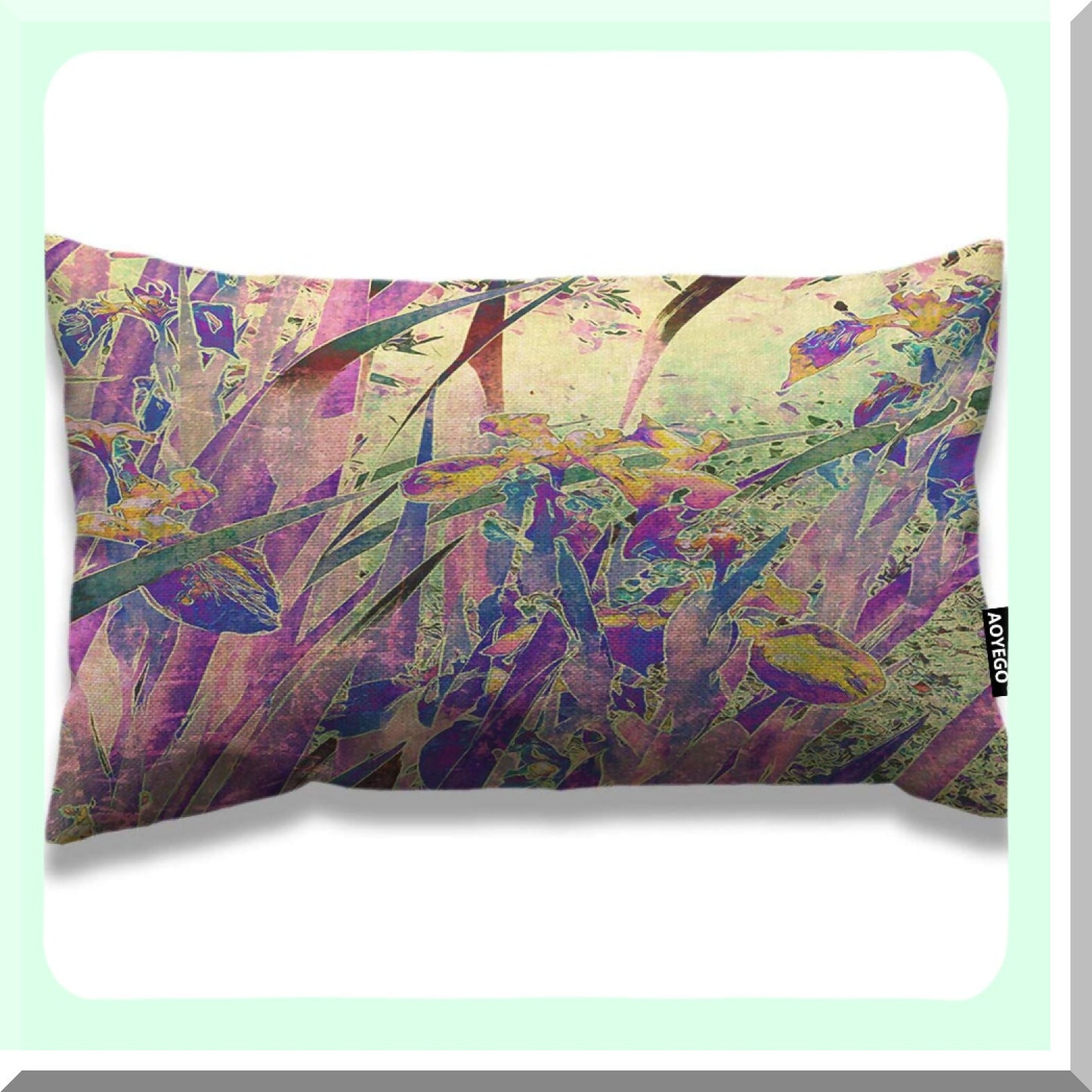 Vintage Iris Garden Decorative Pillow Cover - 12x20 Inch Floral Art Nature Leaves Cushion Case for Bed Sofa - Purple Green Cotton Linen Home Accent