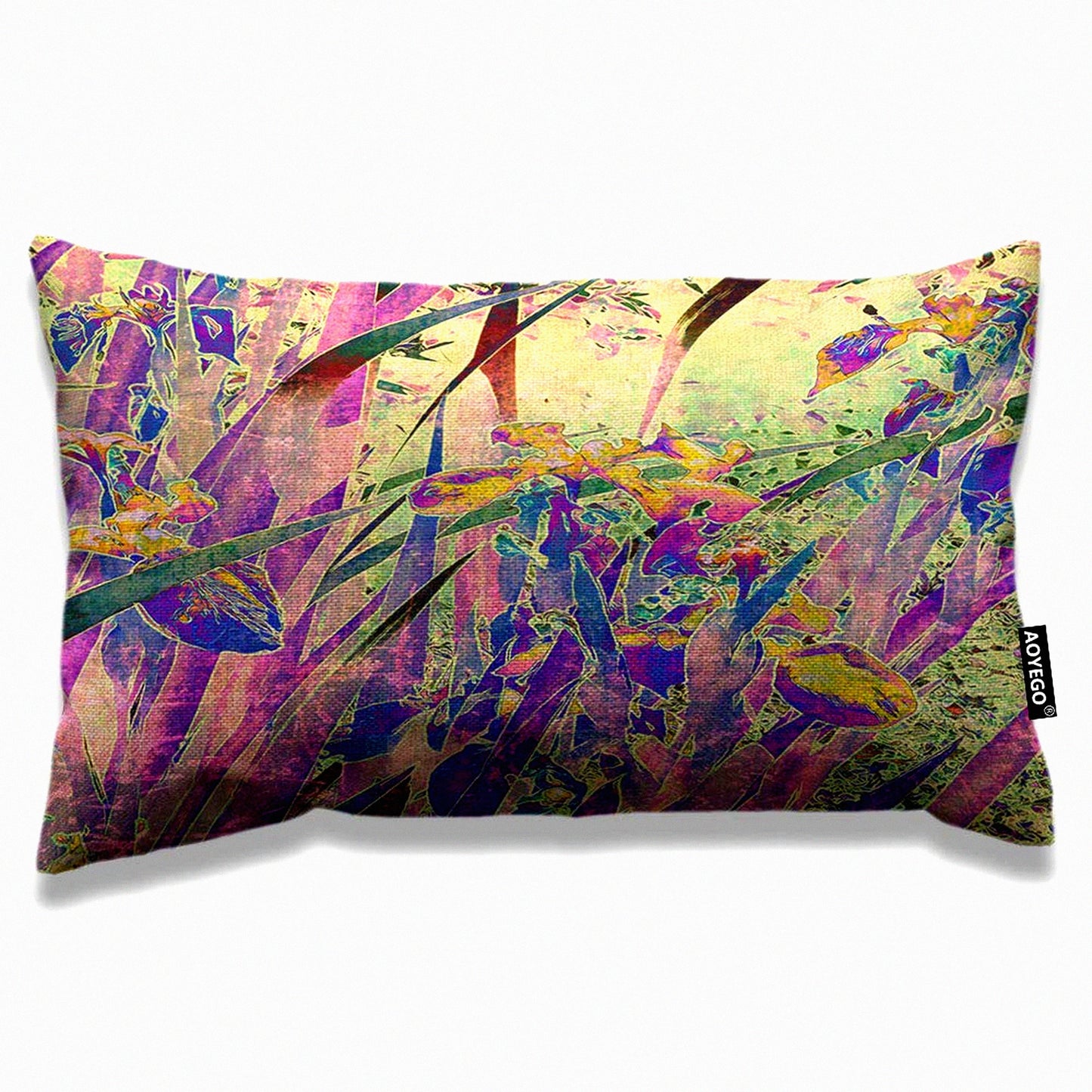 Vintage Iris Garden Decorative Pillow Cover - 12x20 Inch Floral Art Nature Leaves Cushion Case for Bed Sofa - Purple Green Cotton Linen Home Accent