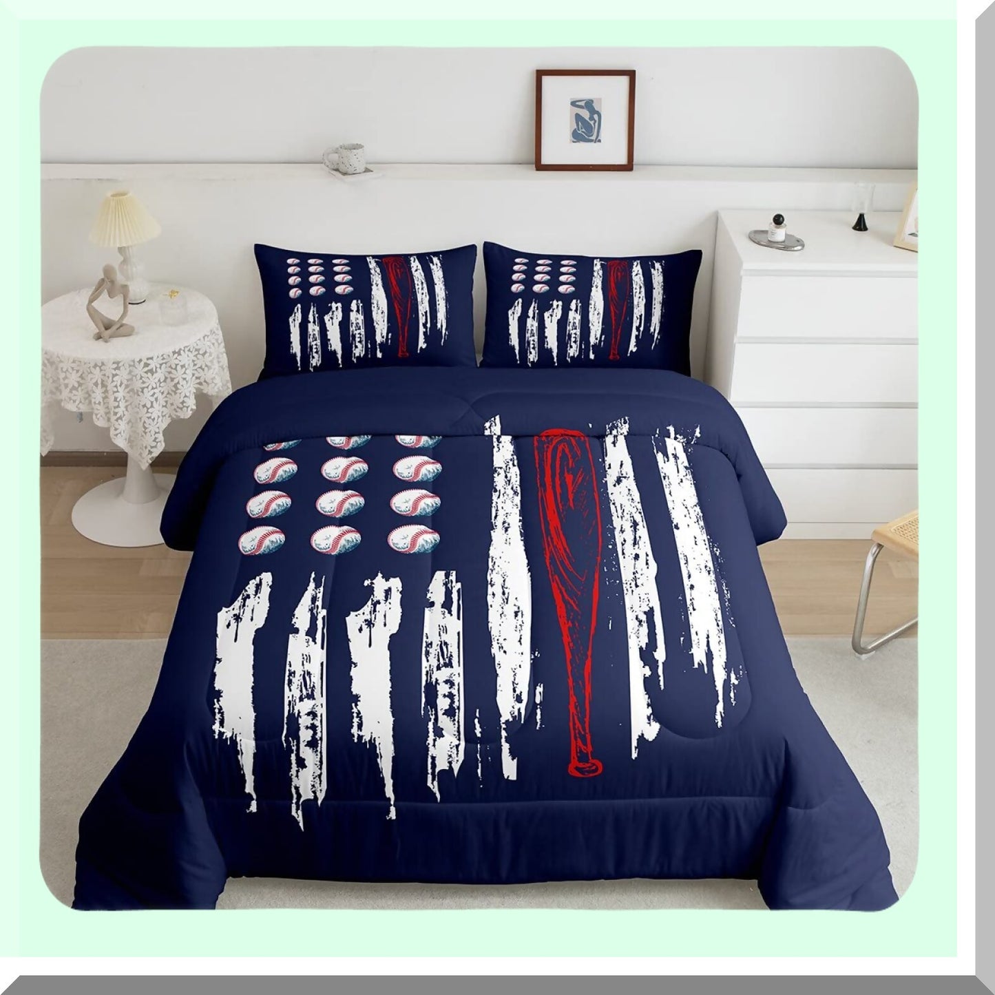 Vintage Football Flag Duvet Set - Cartoon Baseball & Watercolor Stripes Comforter for Boys Twin Size Bedding. Navy & White Decor for Kids, Teens, Adults.