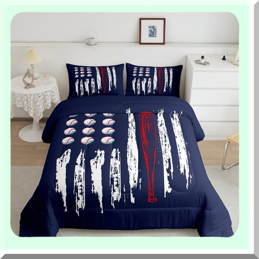 Vintage Football Flag Duvet Set - Cartoon Baseball & Watercolor Stripes Comforter for Boys Twin Size Bedding. Navy & White Decor for Kids, Teens, Adults.