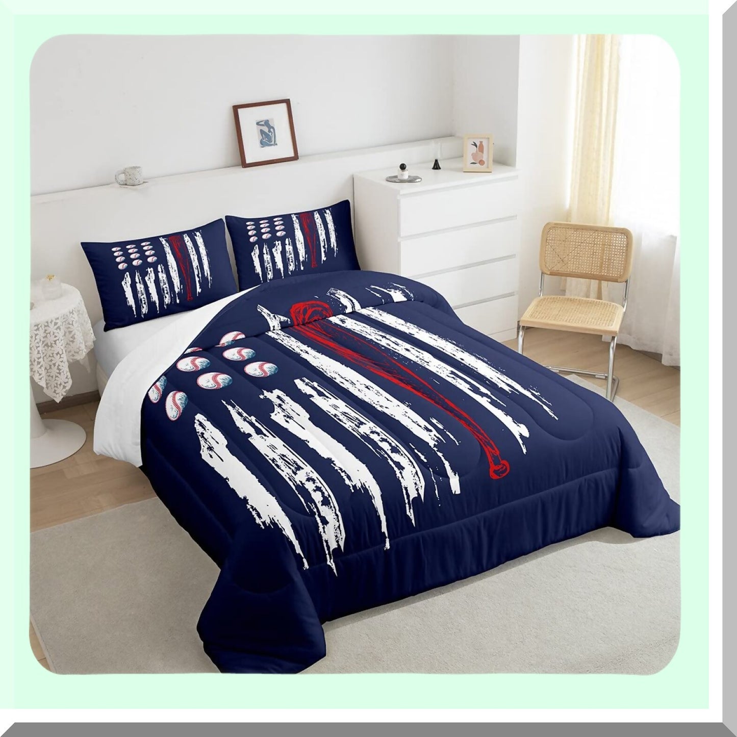 Vintage Football Flag Duvet Set - Cartoon Baseball & Watercolor Stripes Comforter for Boys Twin Size Bedding. Navy & White Decor for Kids, Teens, Adults.