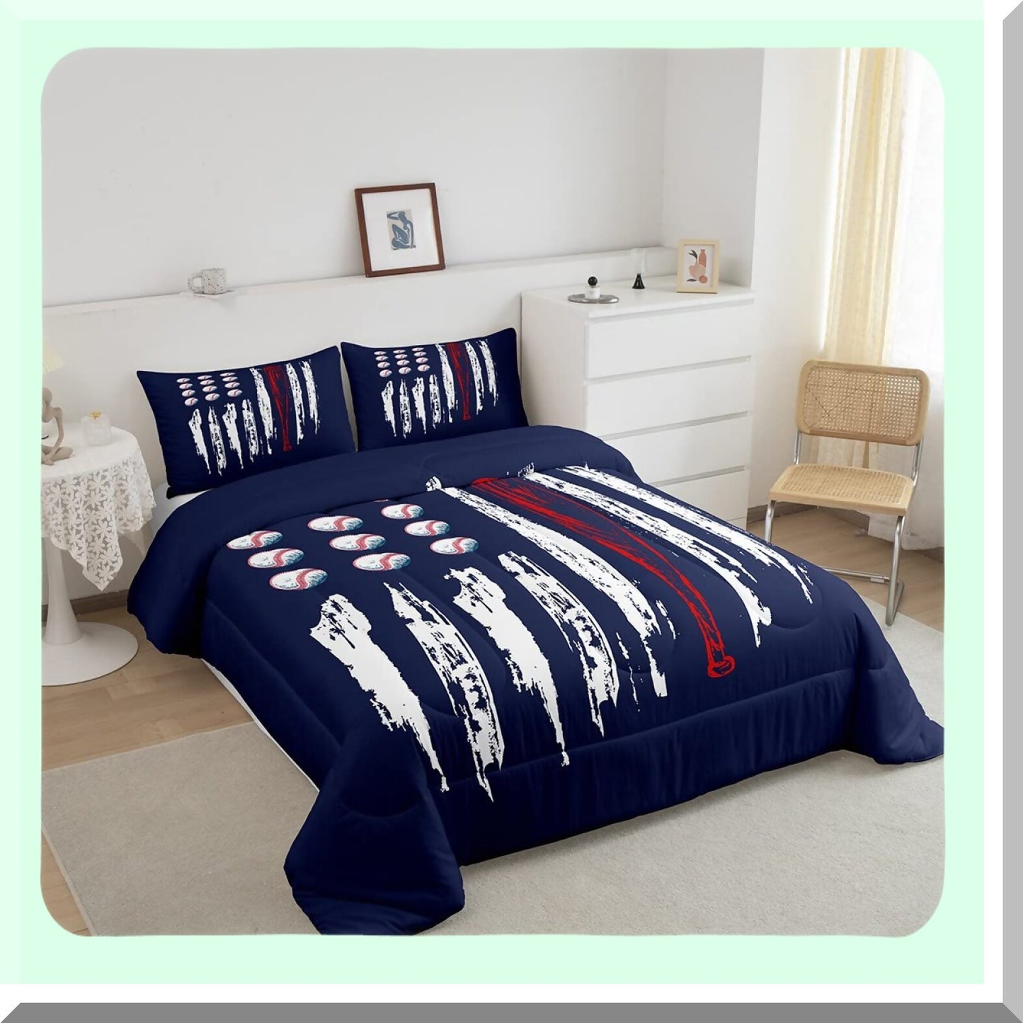 Vintage Football Flag Duvet Set - Cartoon Baseball & Watercolor Stripes Comforter for Boys Twin Size Bedding. Navy & White Decor for Kids, Teens, Adults.